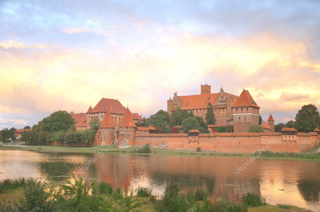 Picturesque sunset over Malbork castle in Pomerania region, Poland