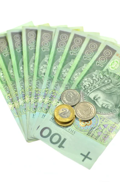 100 zloty banconote e monete dalla Polonia — Zdjęcie stockowe