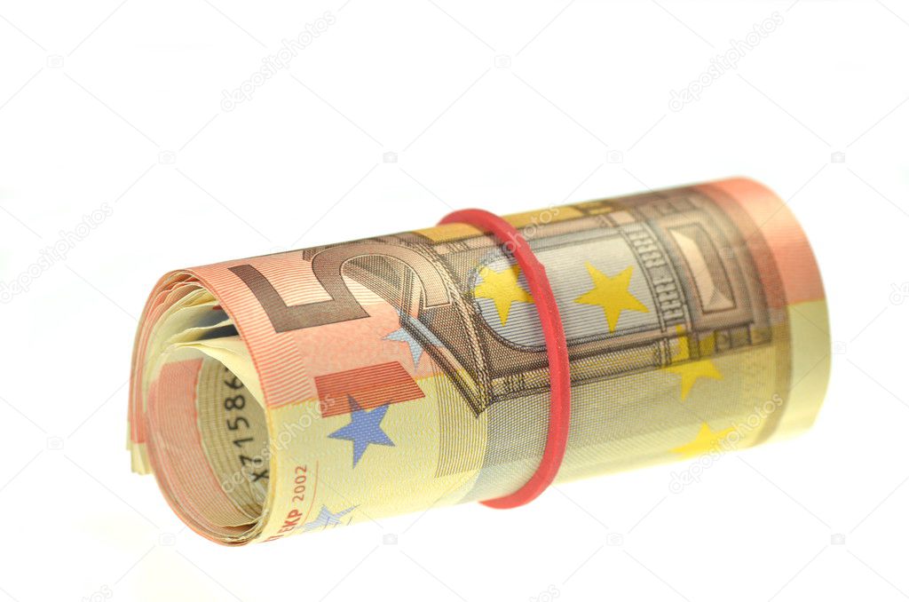 Roll of euro banknotes isolated on white