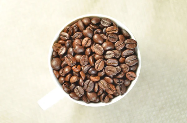 White coffee cup full of coffee beans — Stock Photo, Image