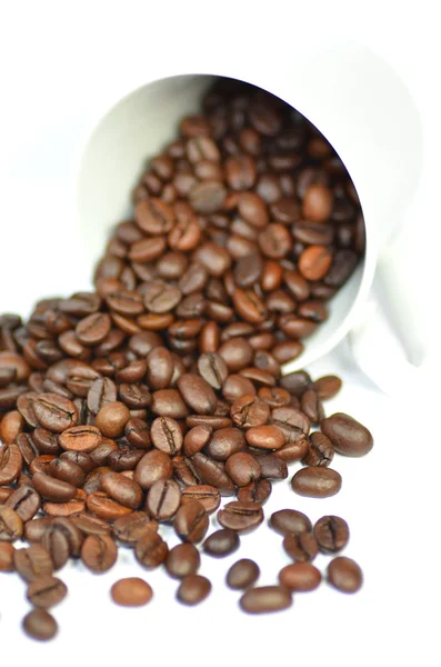 Biji kopi tersebar keluar dari cangkir terisolasi di atas putih — Stok Foto