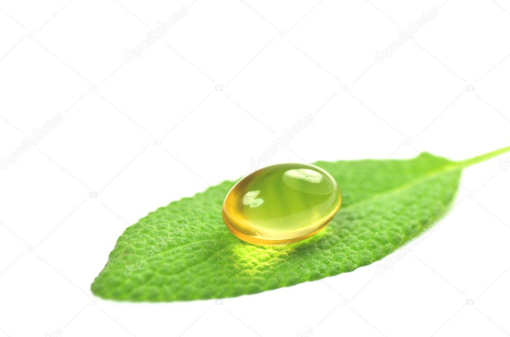Closeup of fish oil capsule on sage leaf isolated on white background