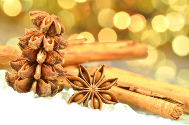 Christmas spices, cinnamon sticks, anise stars on bokeh background clipart