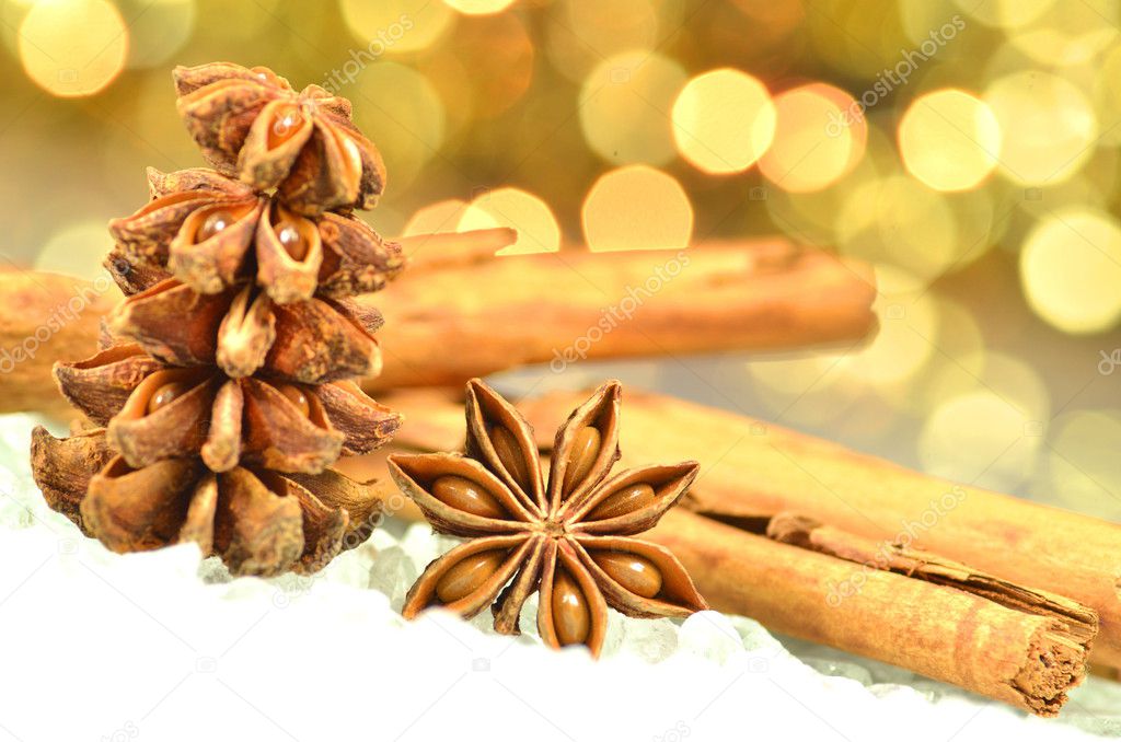 Christmas spices, cinnamon sticks, anise stars on bokeh background