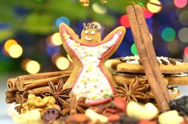 Christmas spices, nuts, cookies and dried fruits on bokeh background — Stock Photo, Image