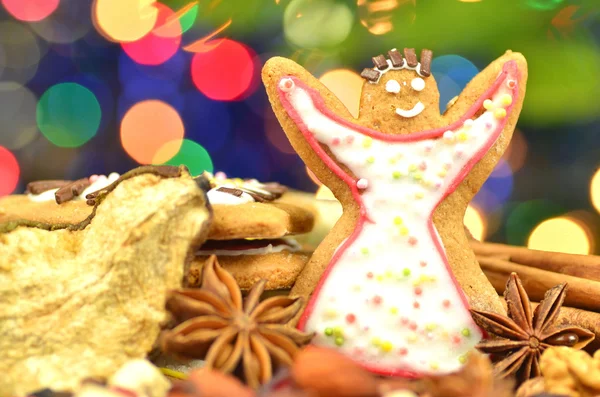 Boże Narodzenie przypraw, orzechów, ciasteczka i owoce suszone na tle bokeh — Zdjęcie stockowe