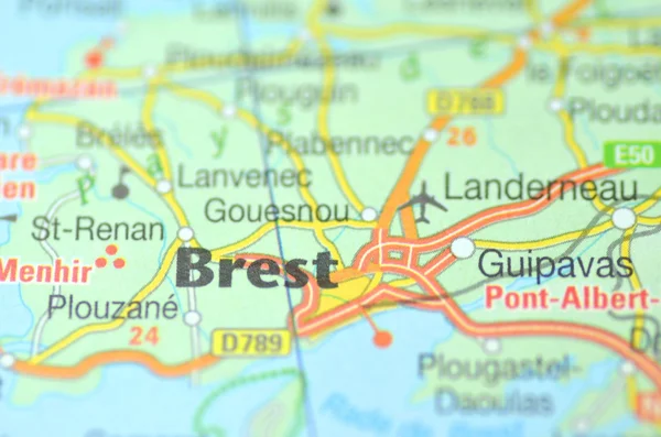 在地图上，法国的布雷斯特 — 图库照片