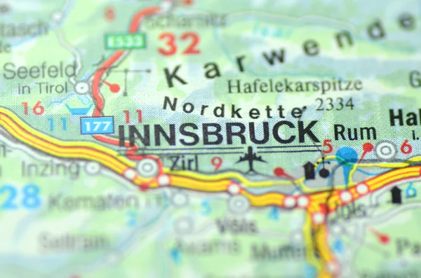 Innsbruck i Østerrike på kartet – stockfoto