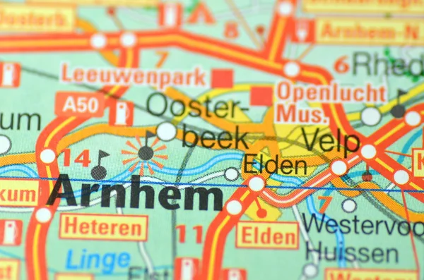 在地图上，荷兰阿纳姆 — 图库照片