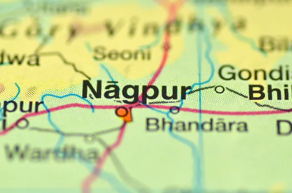 A closeup of Nagpur in India on a map