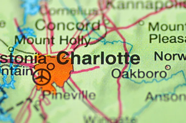 En närbild av charlotte, north carolina i usa på kartan — Stockfoto