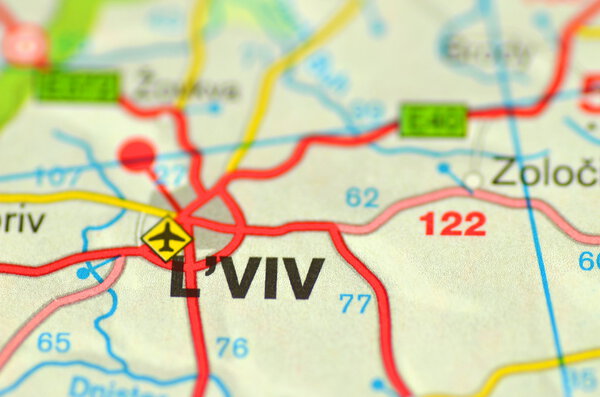 A closeup of Lviv in Ukraine on a map