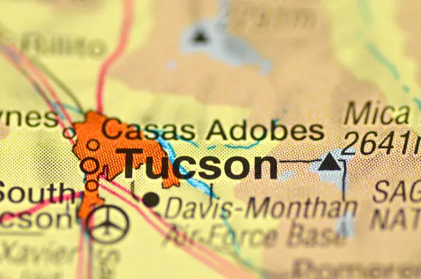 A closeup of Tucson, Arizona in the USA on a map