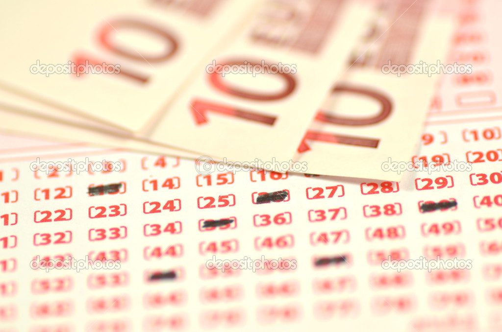 Closeup of lottery ticket and euro banknotes