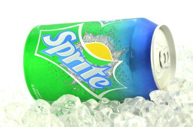 Sprite drink in a can on ice isolated on white background clipart