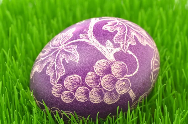 Traditional scratched handmade Easter egg on the grass — Stock Photo, Image