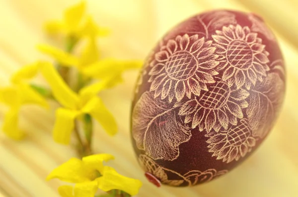 Tradicional rayado hecho a mano huevo de Pascua y flores de forsythia — Foto de Stock