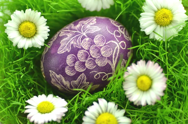 Tradizionale uovo di Pasqua fatto a mano graffiato nell'erba — Foto Stock