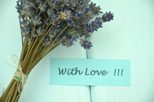With love wishes and bouquet of delicate dry lavender flowers — Stock Photo, Image
