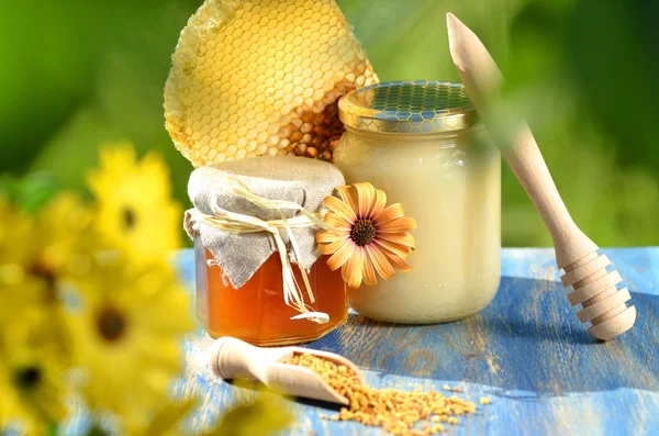 Kruik vol met heerlijke honing, honingraat en bee stuifmeel in de bijenteelt — Stockfoto