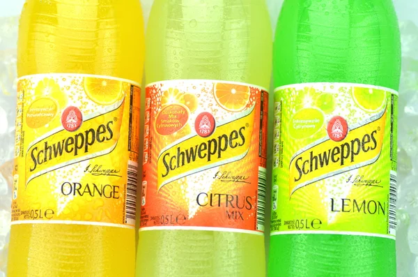 Bottles of Schweppes drink on ice cubes — Stock Photo, Image