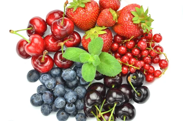 Variety of soft fruits, strawberries, raspberries, cherries, blueberries, currants isolated on white — Stock Photo, Image