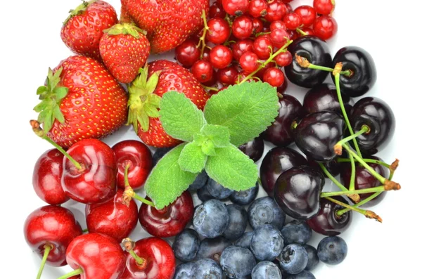 Variety of soft fruits, strawberries, raspberries, cherries, blueberries, currants isolated on white — Stock Photo, Image