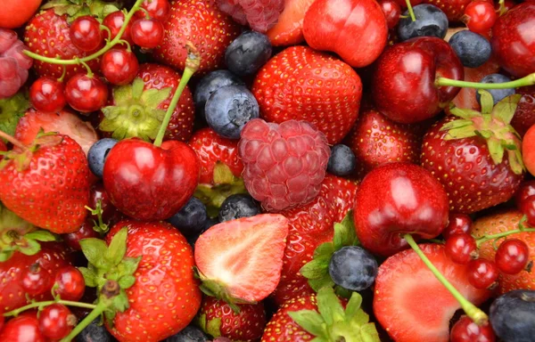 Sorten von Beerenfrüchten, Erdbeeren, Himbeeren, Kirschen, Blaubeeren, Johannisbeeren — Stockfoto