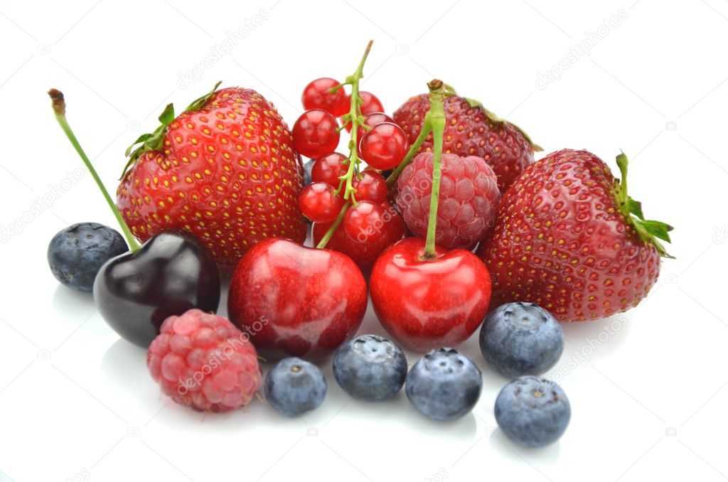Variety of soft fruits, strawberries, raspberries, cherries, blueberries, currants isolated on white