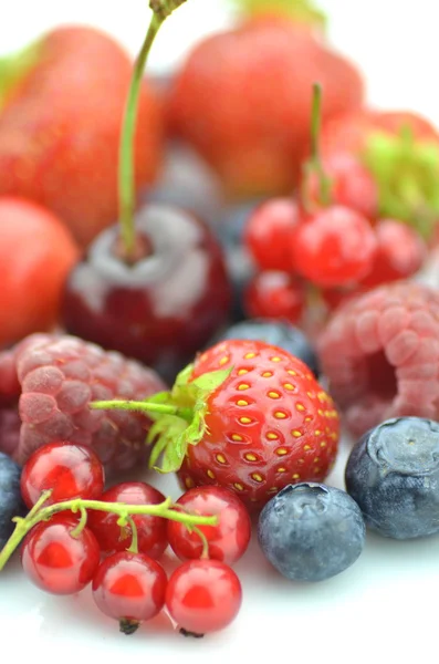 Variedad de frutas blandas, fresas, frambuesas, cerezas, arándanos, grosellas aisladas en blanco — Foto de Stock