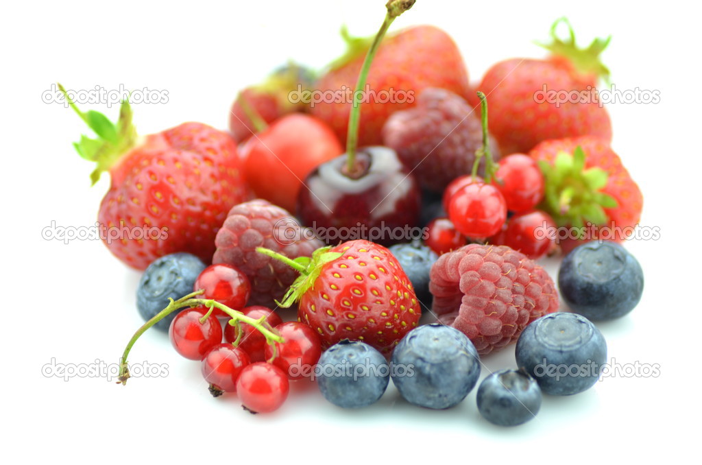 Variety of soft fruits, strawberries, raspberries, cherries, blueberries, currants isolated on white