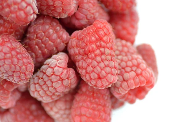 Closeup of ripe, fresh and sweet raspberries isolated on white — Stock Photo, Image