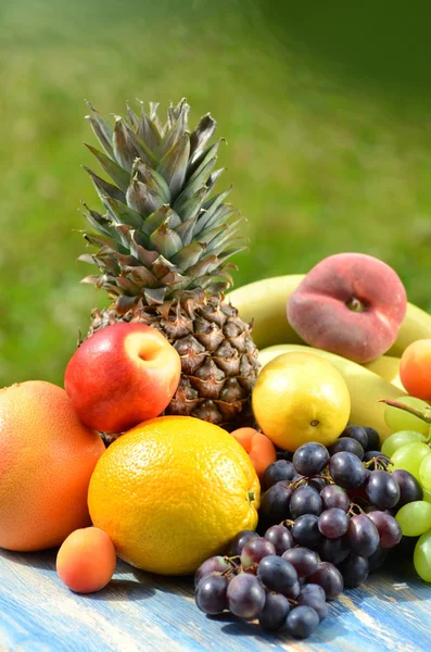 Verscheidenheid van vruchten op tafel in de tuin — Stockfoto