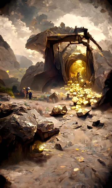Artistic painting concept of gold mine and small gold nuggets lie scattered on the ground. Creative Design, natural colors, digital art style, illustration painting.
