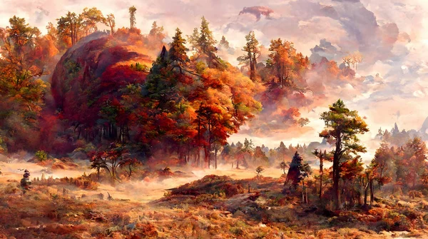 Artistic conception of beautiful landscape painting of nature of forest, background illustration, tender and dreamy design.