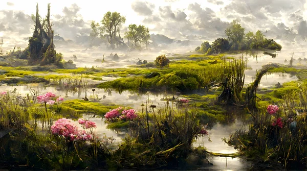 Artistic concept of painting a beautiful landscape of wild nature, with flowery meadows in the background. Tender and dreamy design, background illustration