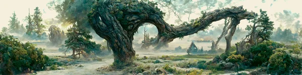 Artistic concept painting of a beautiful fantasy mystical tree landscape, surrealism. Tender and dreamy design, background illustration.