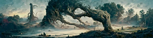 Artistic concept painting of a beautiful fantasy mystical tree landscape, surrealism. Tender and dreamy design, background illustration.