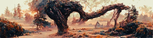 Artistic concept painting of a beautiful fantasy mystical tree landscape, surrealism. Tender and dreamy design, background illustration.
