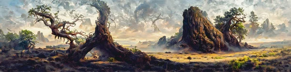 Artistic concept painting of a beautiful fantasy mystical tree landscape, surrealism. Tender and dreamy design, background illustration.