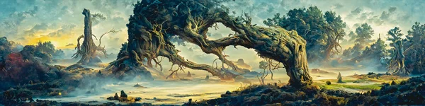 Artistic concept painting of a beautiful fantasy mystical tree landscape, surrealism. Tender and dreamy design, background illustration.