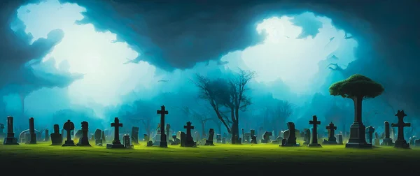 Artistic painting concept of Halloween background with pumpkin in a spooky Graveyard at night, Natural color, digital art style, illustration painting. Creative Design, Tender and dreamy design.