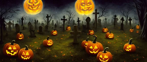 Artistic painting concept of Halloween background with pumpkin in a spooky Graveyard at night, Natural color, digital art style, illustration painting. Creative Design, Tender and dreamy design.