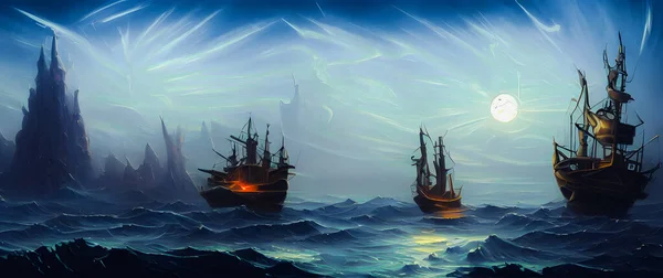 Artistic concept painting of ship on the sea, background 3d illustration.