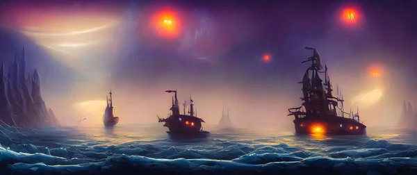 Artistic concept painting of ship on the sea, background 3d illustration.