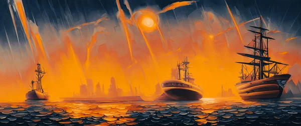 Artistic concept painting of ship on the sea, background 3d illustration.