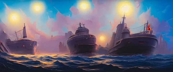 Artistic concept painting of ship on the sea, background 3d illustration.