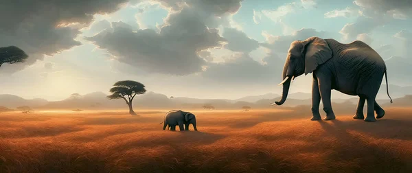 Artistic concept of painting a beautiful landscape of savannah in Africa, with meadows in the background. Tender and dreamy design, background illustration