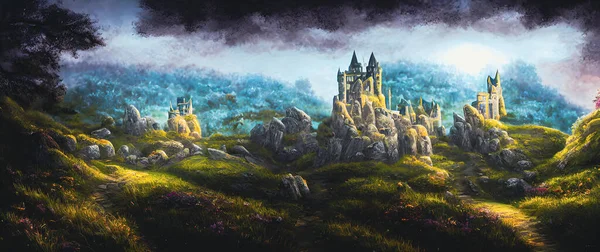 Artistic concept painting of medieval castle, background 3d illustration.