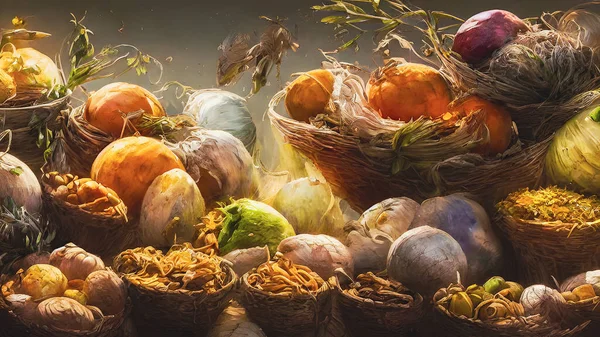 Artistic concept painting of a food in baskets, background illustration.